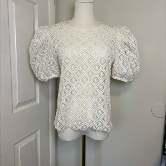 Express Puff Sleeve Cream Crochet Eyelet Blouse - Medium - Picture 3 of 6